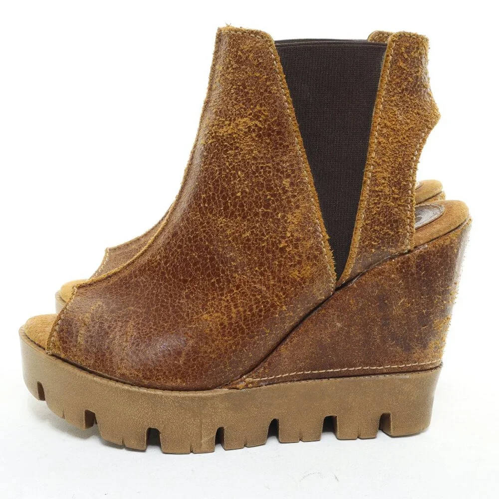 Women's Brown Wedge Peep-Toe Ankle Boot